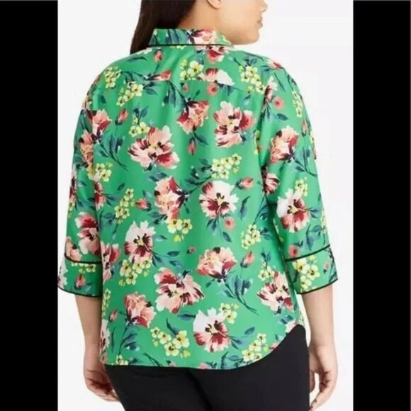 Lauren Ralph Lauren Green Floral 3/4 Sleeve Blouse Top XL Feminine! - Picture 3 of 9